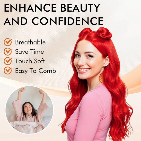 Long Red Curly Cosplay Wig with Buns & Earrings – Halloween Costume Wig - Picture 2 of 7